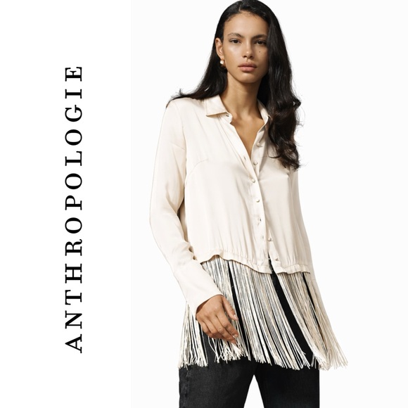 Anthropologie Silky Fringed Buttondown Blouse